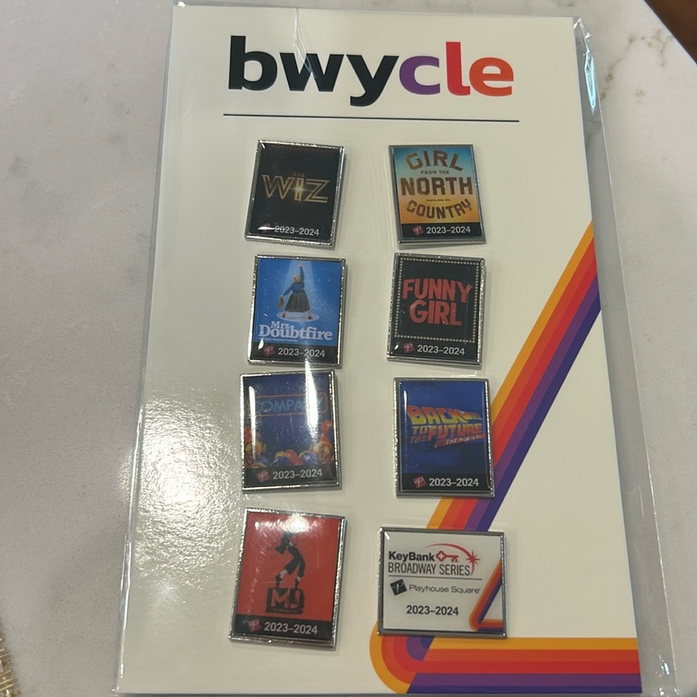 Six Broadway show pins. Broadway series collectibles 23-24.